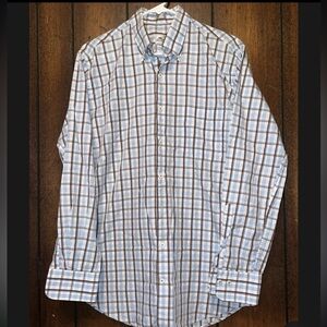 Peter Millar Dress Shirt M Blue Brown Plaid 100% Cotton Long Sleeve Button Down